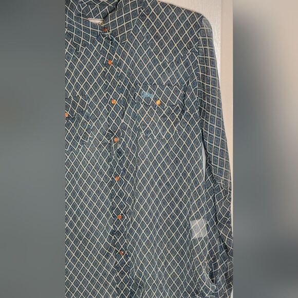 Outback Trading Co M BlueGreen GeometricPrint Lslv Pockets SnapFront Women Shirt - Picture 2 of 8